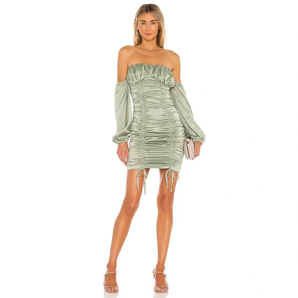 Revole MAJORELLE Farren Ruched Sage Mini Dress Small - Picture 1 of 9